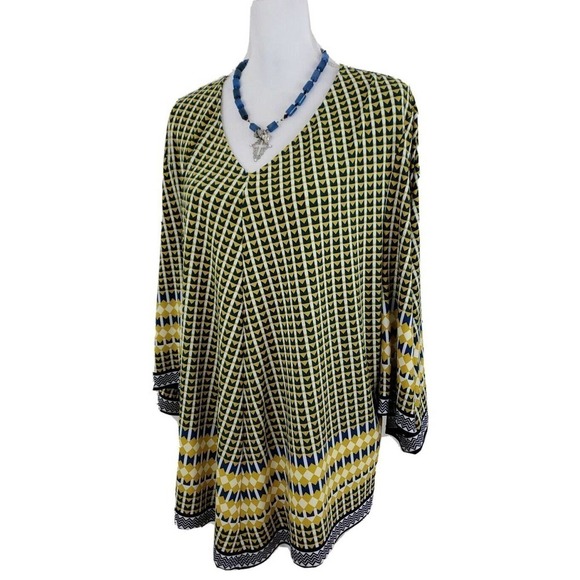 Chico's ~Woman Size 3~ Yellow/Blue Flare Top Blouse, Stretch, 3/4 Sleeve. - Picture 9 of 12